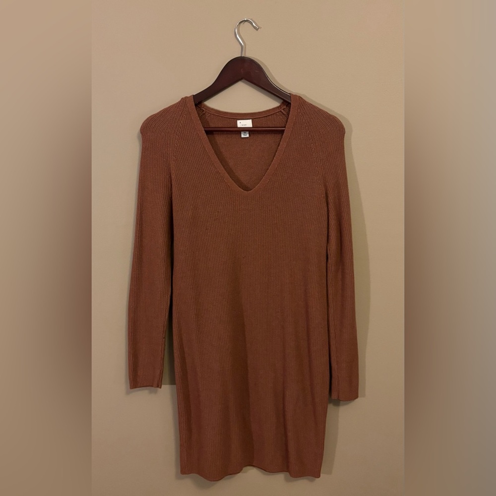Women's V-Neck Sweater Dress in Warm Brown